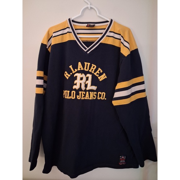 Polo Jeans Co. Ralph Lauren Other - Vintage 90s Polo Jeans Co Ralph Lauren V-Neck Hockey Sweatshirt Navy Yellow XL